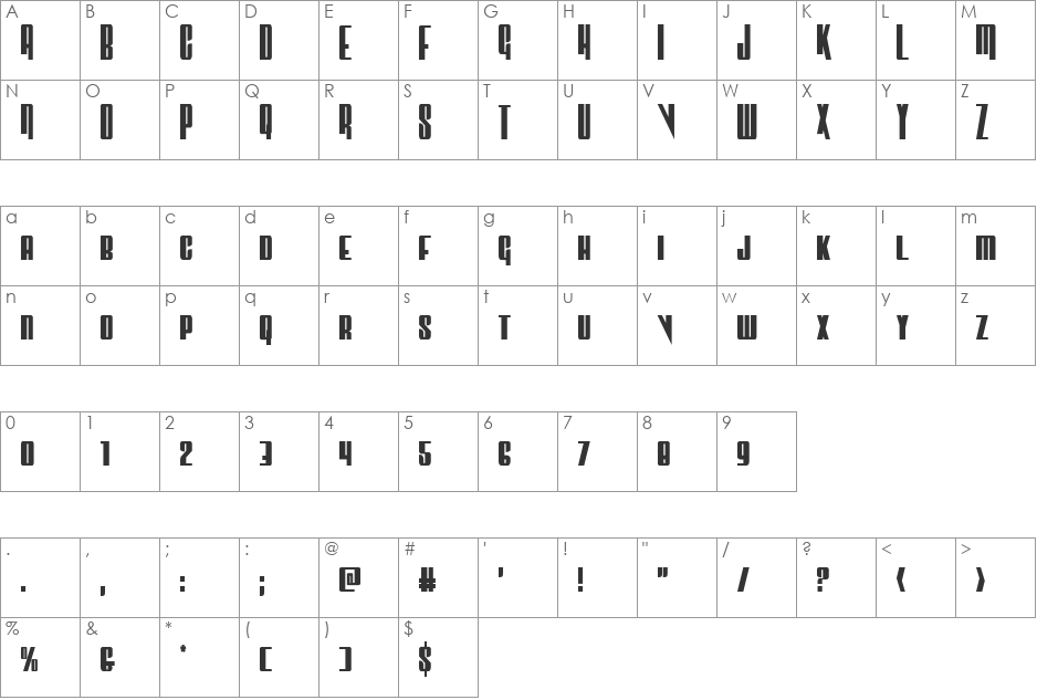Vindicator Condensed font character map preview