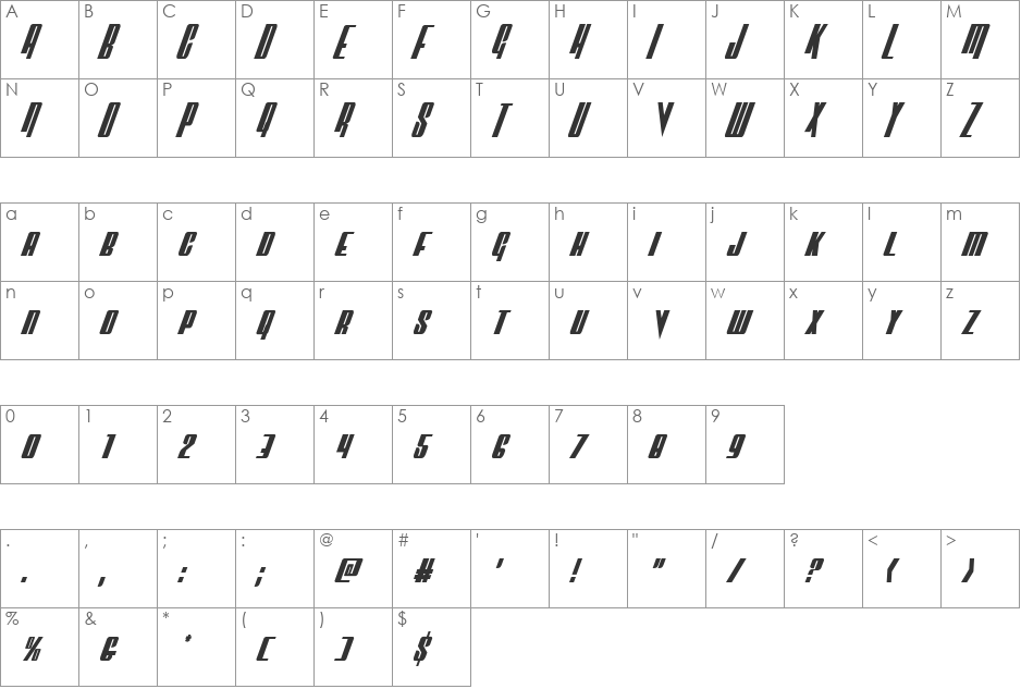 Vindicator Condensed Italic font character map preview