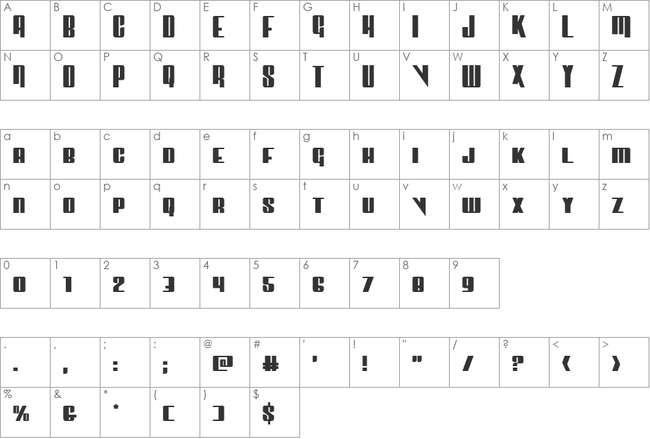 Vindicator Expanded font character map preview