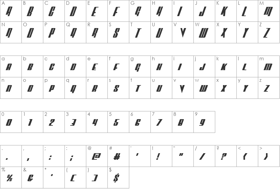 Vindicator Italic font character map preview