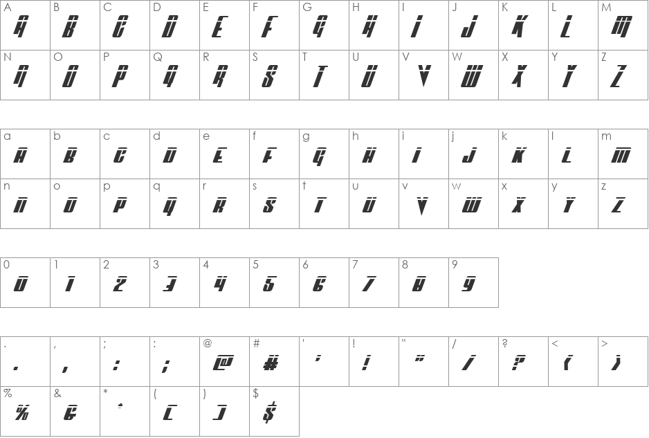 Vindicator Laser Italic font character map preview