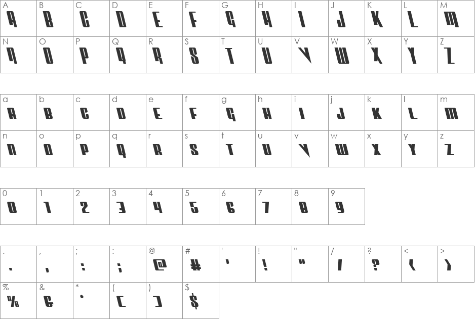 Vindicator Leftalic font character map preview