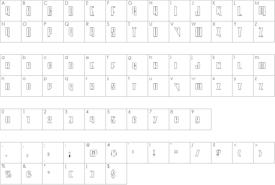 Vindicator Outline font character map preview