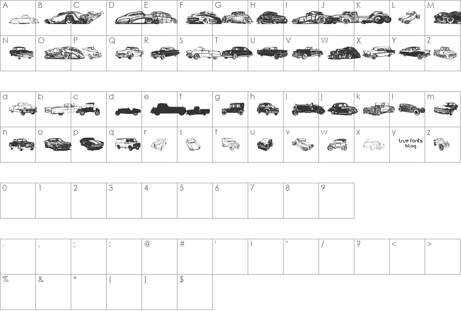 vintage auto cars tfb font character map preview
