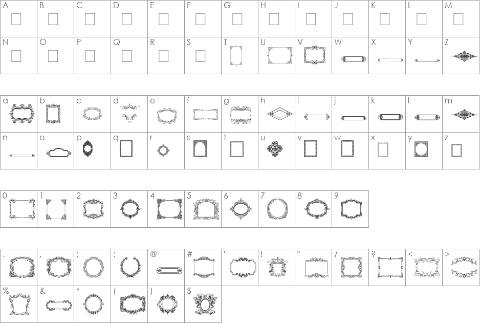 Vintage Frames font character map preview