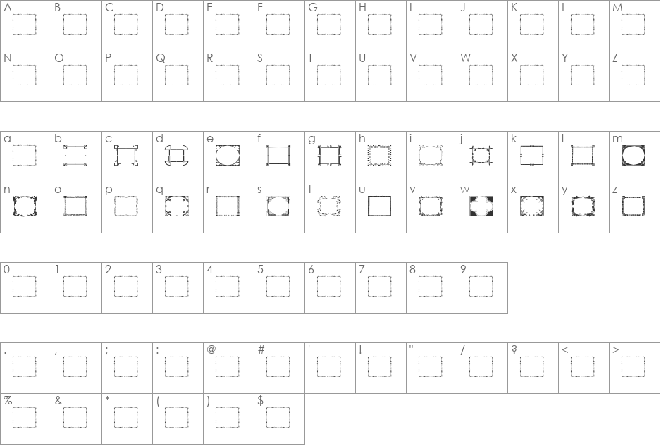 Vintage Frames 10 font character map preview