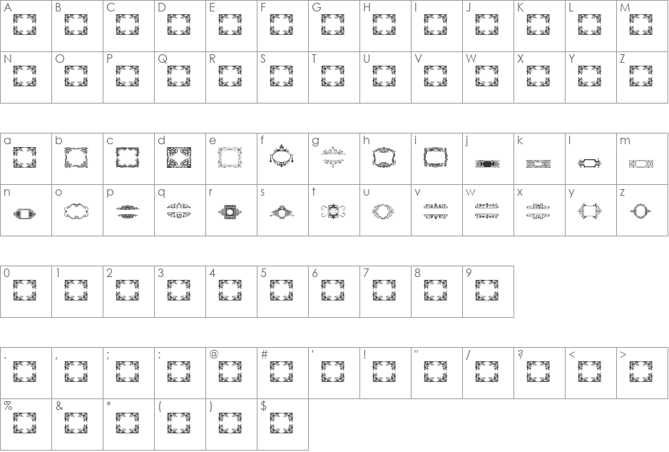 Vintage Frames 12 font character map preview