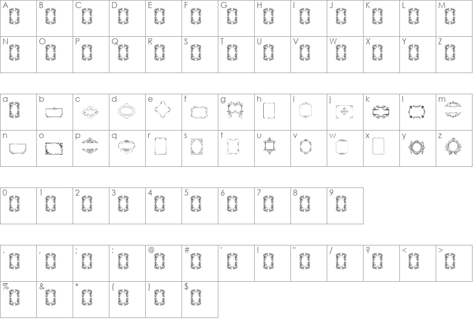 Vintage Frames 14 font character map preview