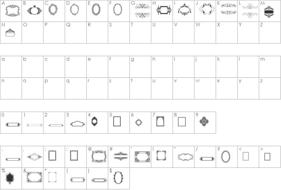 VINTAGE FRAMES 2 font character map preview