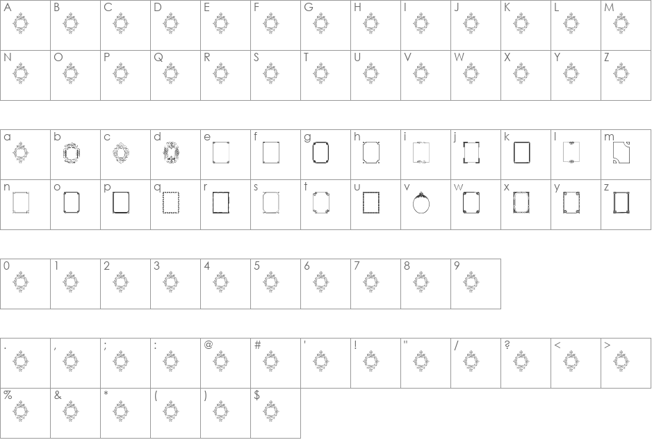 Vintage Frames 3 font character map preview