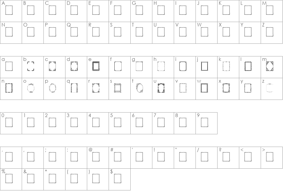 Vintage Frames 4 font character map preview