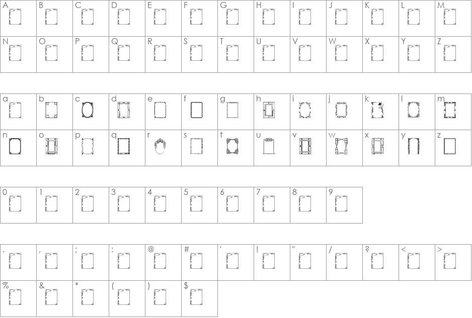 Vintage Frames 5 font character map preview