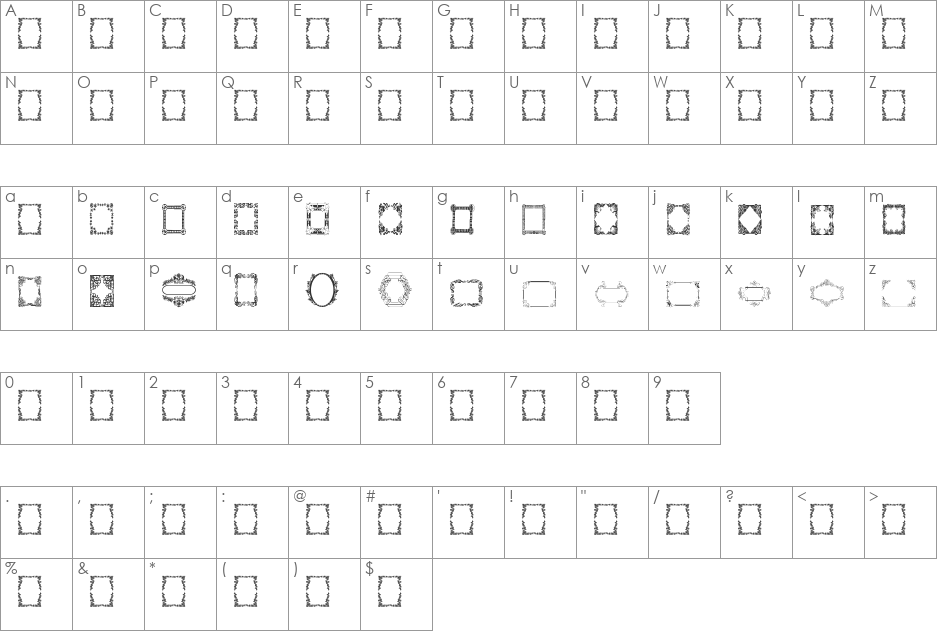 Vintage Frames 8 font character map preview