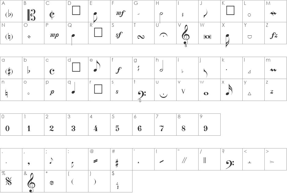 Violine font character map preview