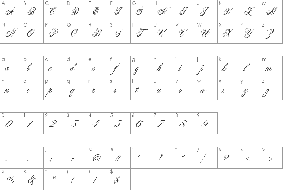 Virginia Antique font character map preview