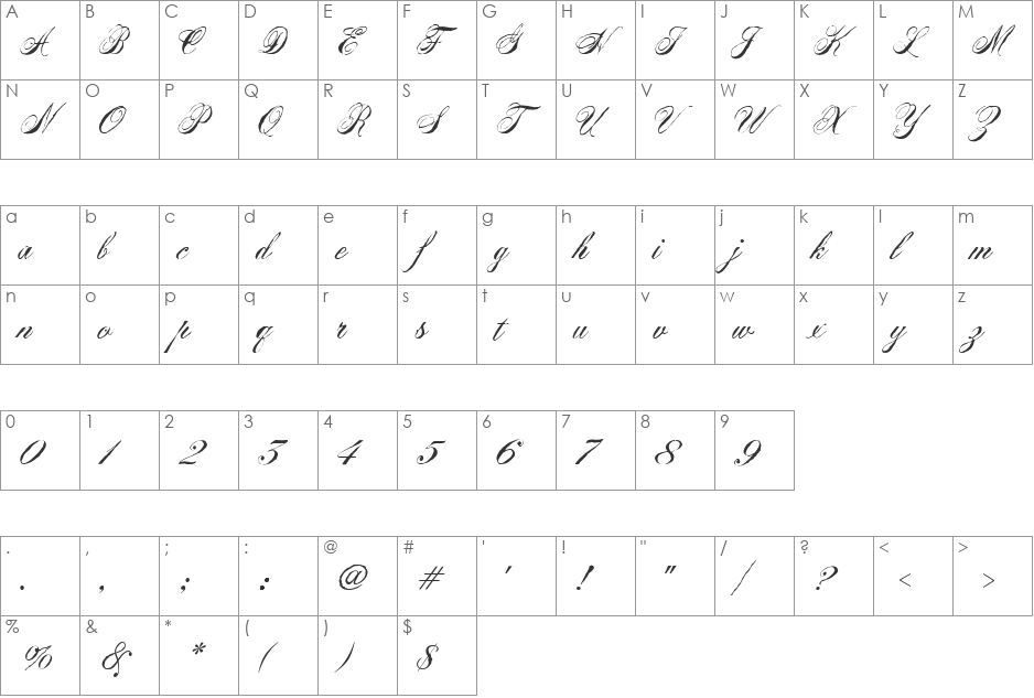 VirginiaAntique font character map preview
