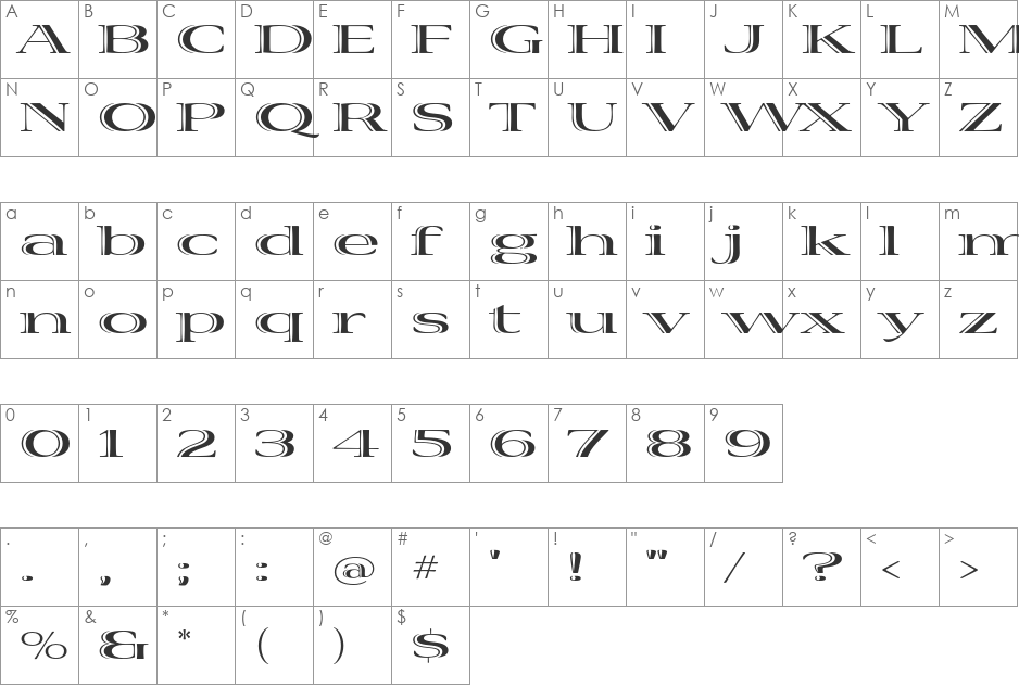 Viva Std font character map preview