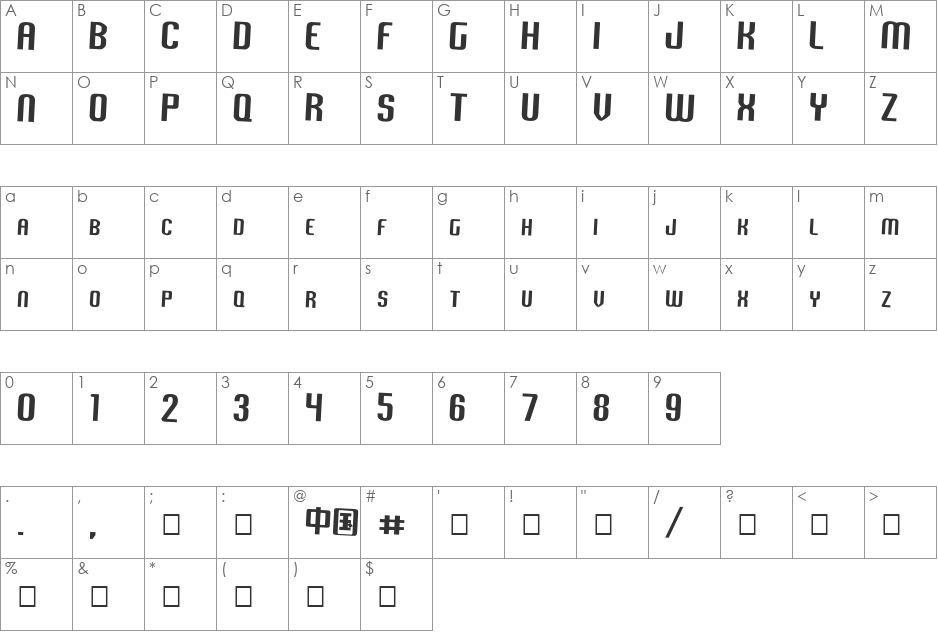 Vixene font character map preview