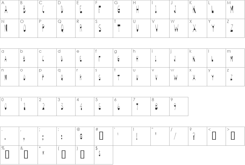 BigBottomTall Skinny font character map preview