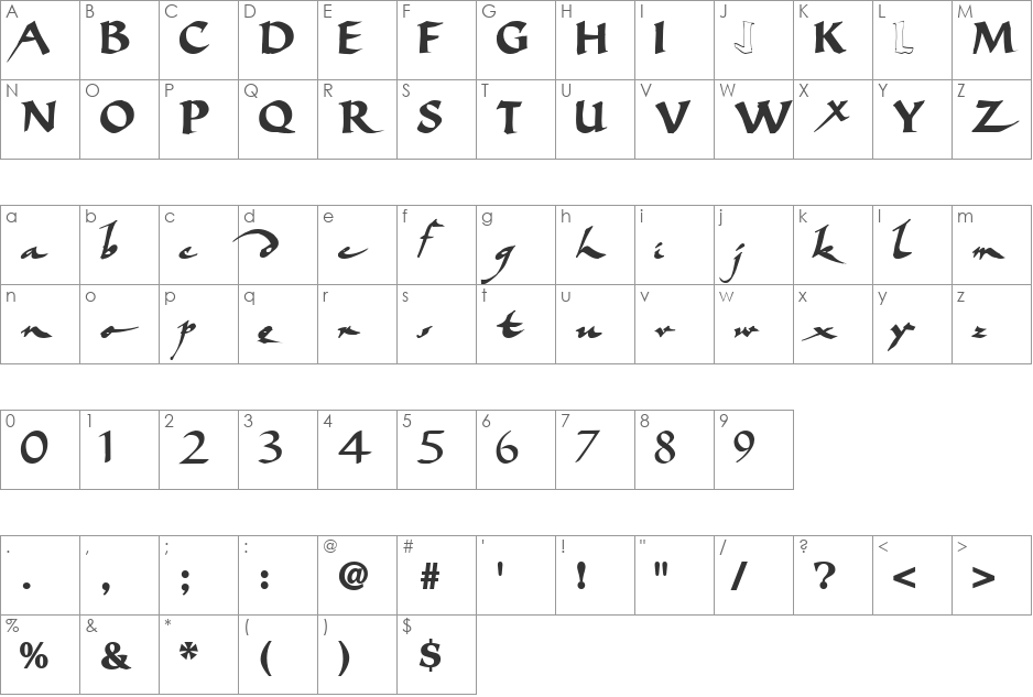 BigBrushFont19 font character map preview