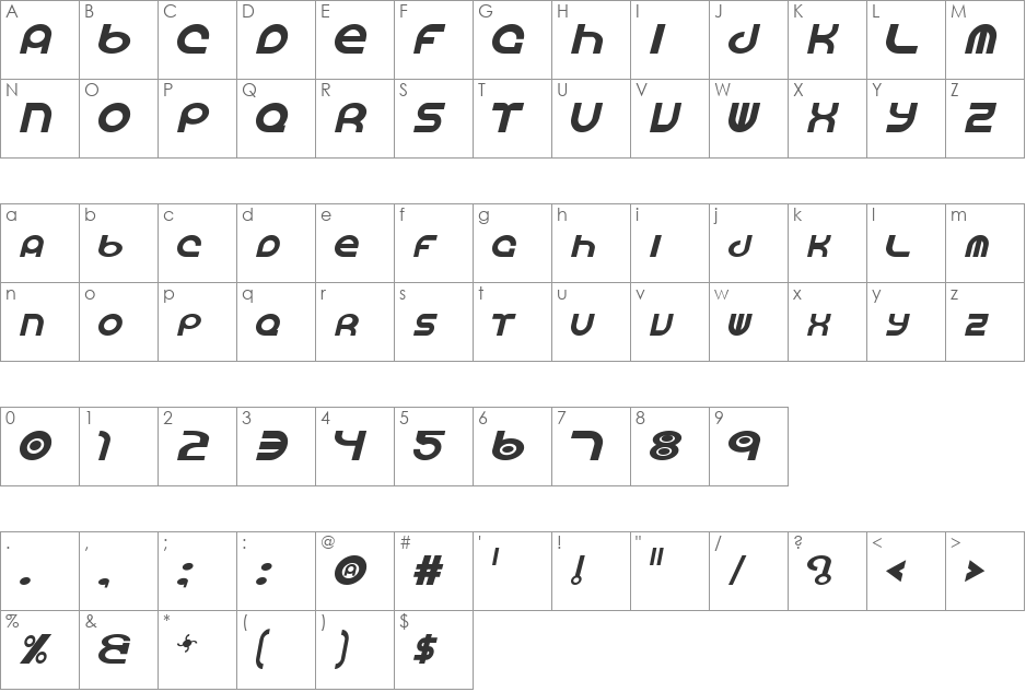 Vocaloid Oblique font character map preview