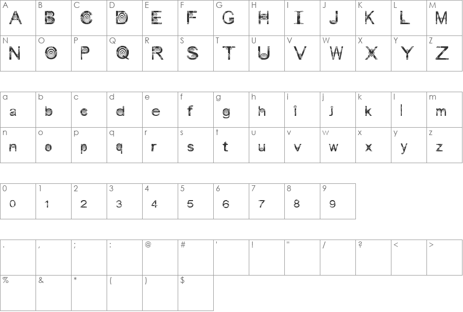 VOG Dizzy font character map preview