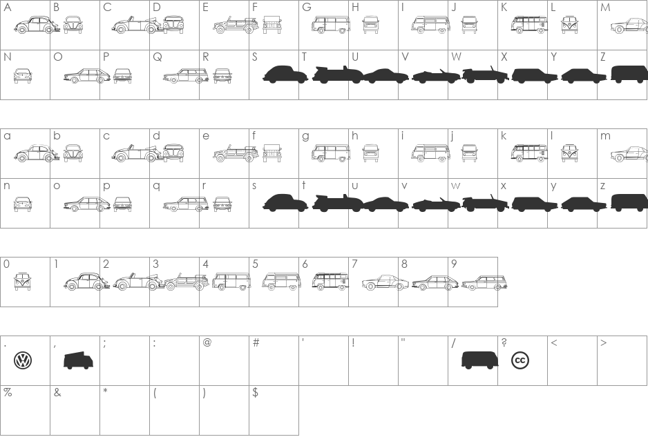 Volkswagen font character map preview