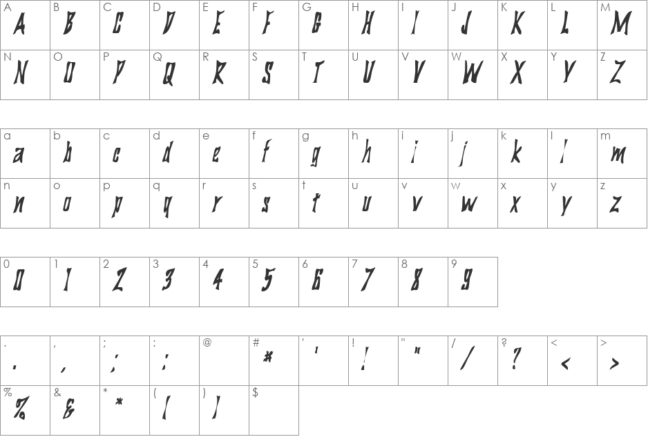 BigDaddyCondensed font character map preview