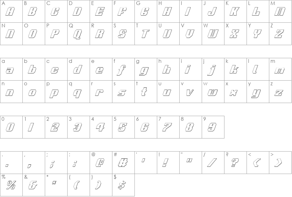 Voortrekker 3D Condensed Italic font character map preview