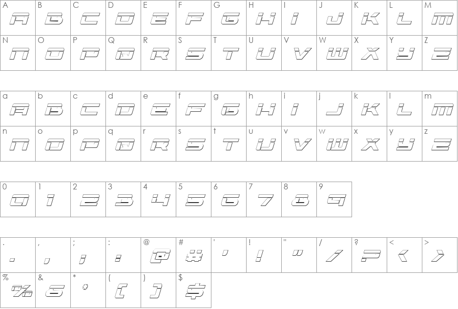 Vorpal 3D Italic font character map preview