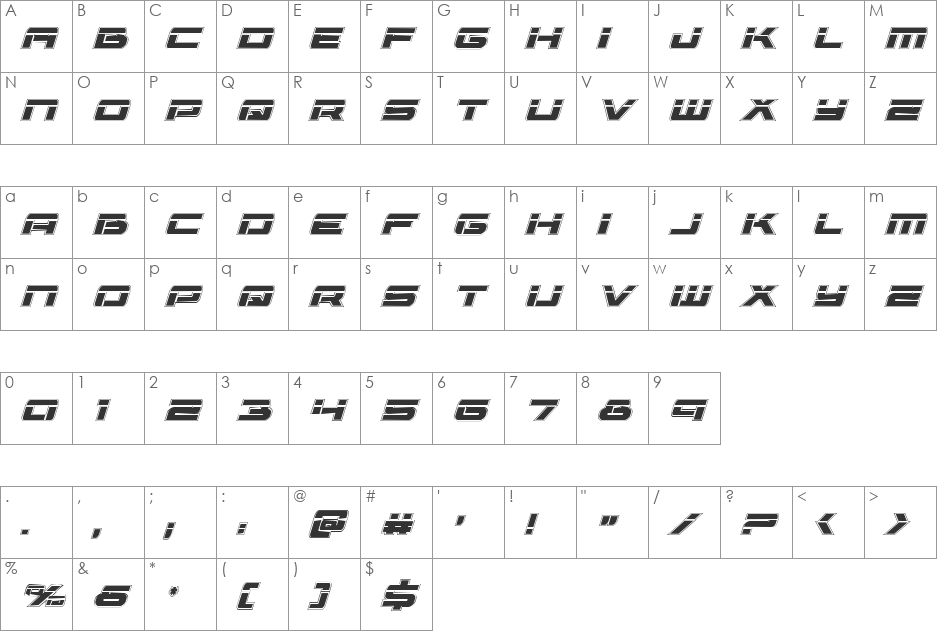 Vorpal Academy Italic font character map preview