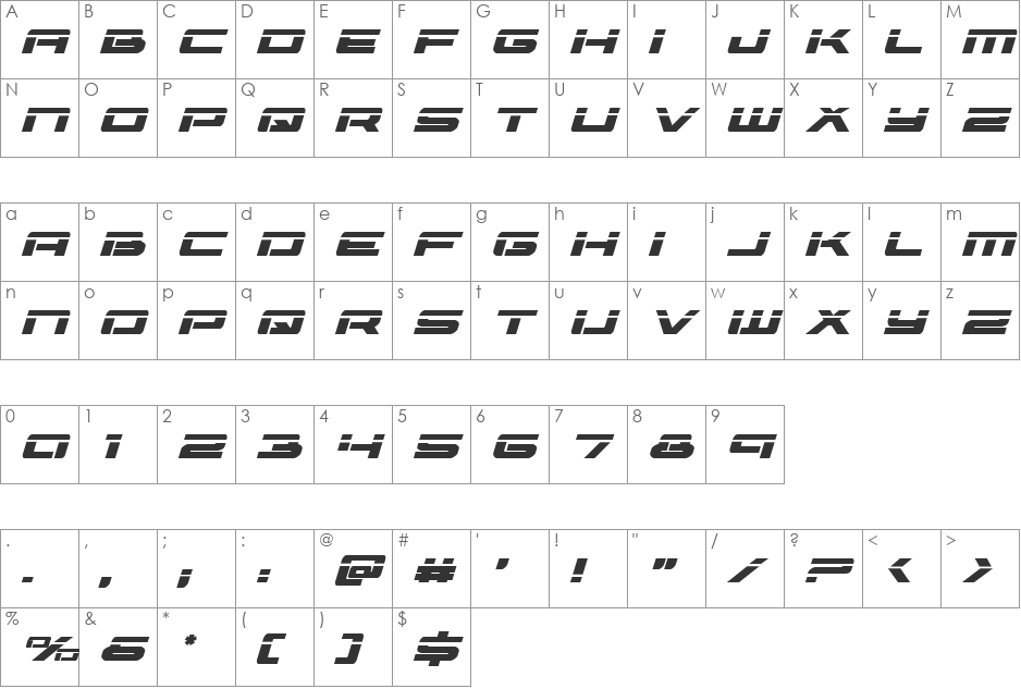 Vorpal Expanded Italic font character map preview
