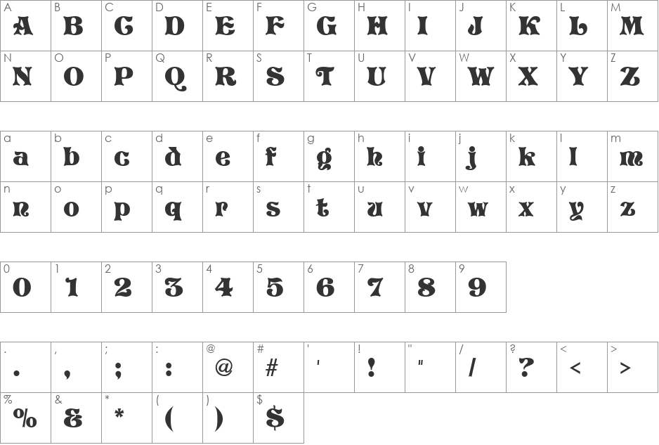 Vostrey font character map preview