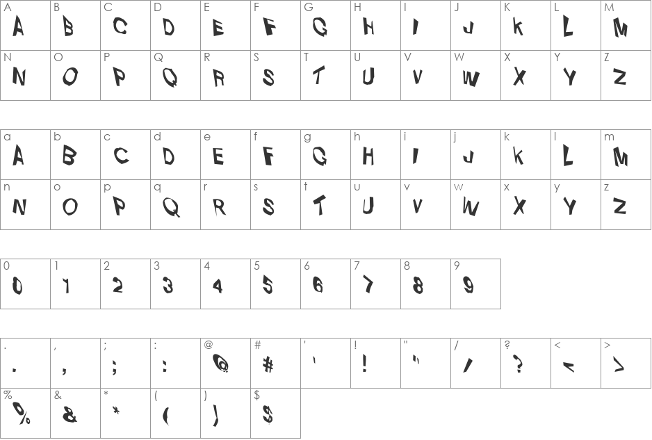 VTC Dizplaced font character map preview