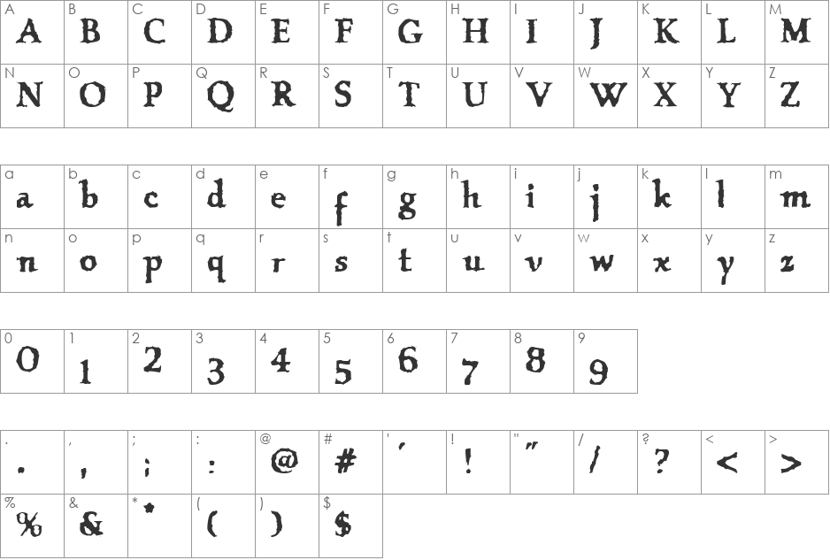 VTC OldAsCrap font character map preview
