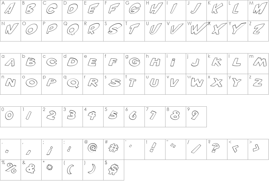 VTC ScreamItLoudOutline font character map preview