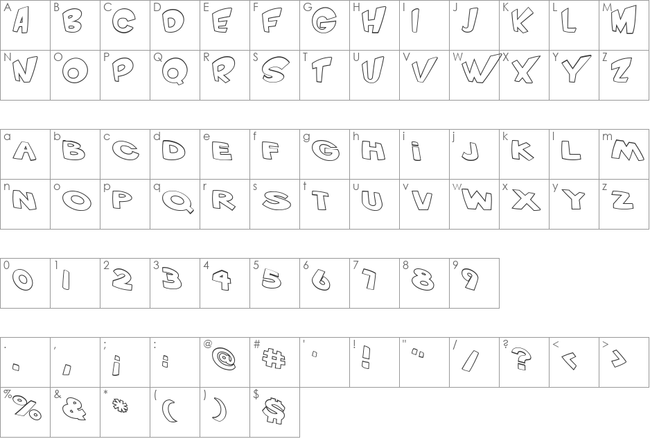 VTC ScreamItLoudOutline font character map preview