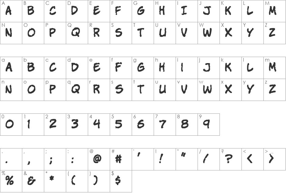 VTC StressedHand font character map preview