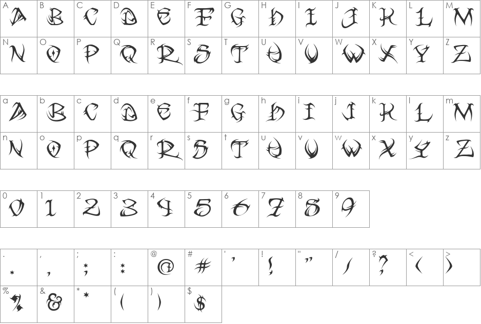 VTC Tribal font character map preview