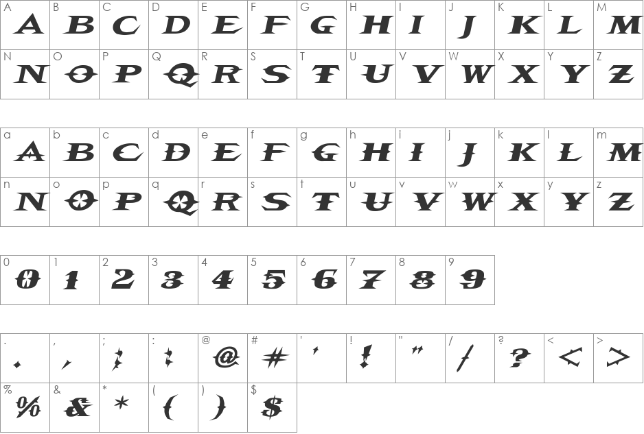 VTCBelialsBladeItalic font character map preview