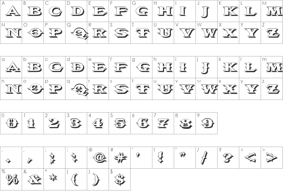 VTCBelialsBladeShadow font character map preview