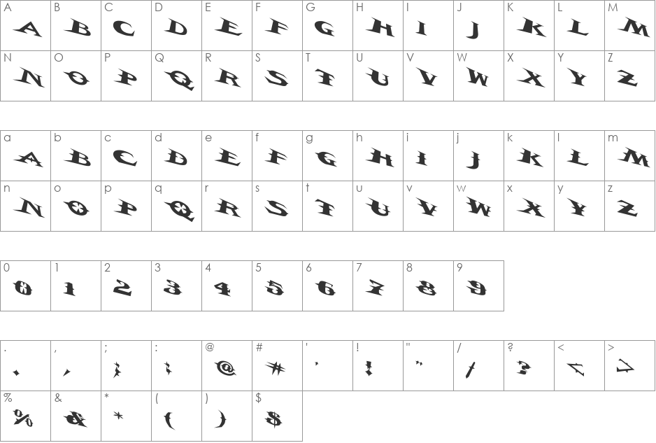 VTCBelialsBladeTricked font character map preview
