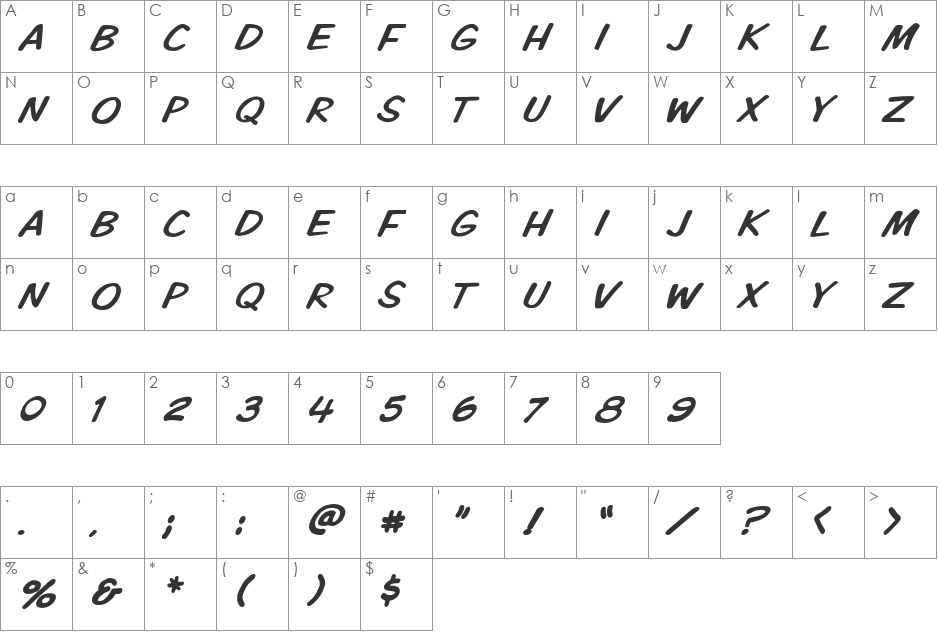 VTCKomixationCapsItalic font character map preview