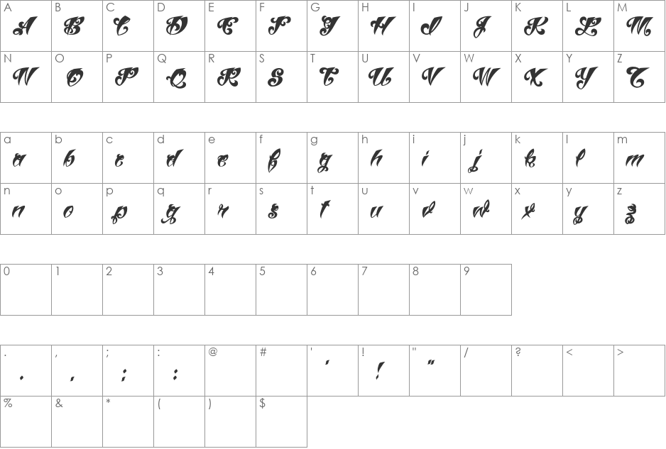 VtcTattooScriptThree font character map preview