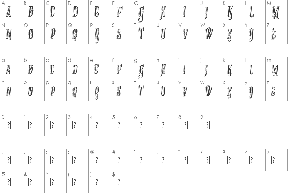 VTKS RECOVER MB 1 font character map preview