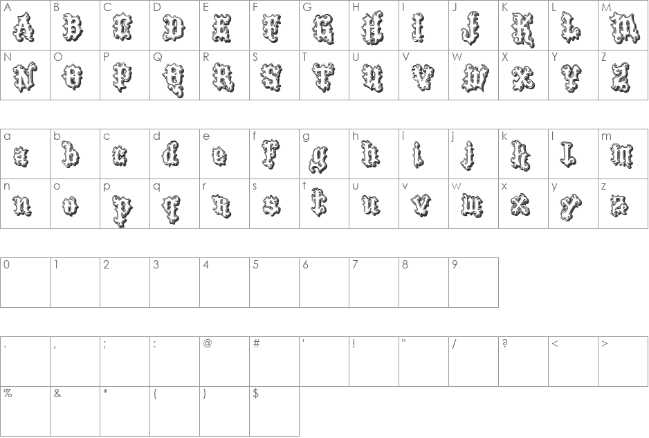 VTKS Tattoo Shadow font character map preview