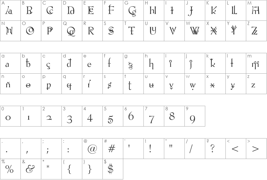 VTPompousCircumstanceShapely font character map preview