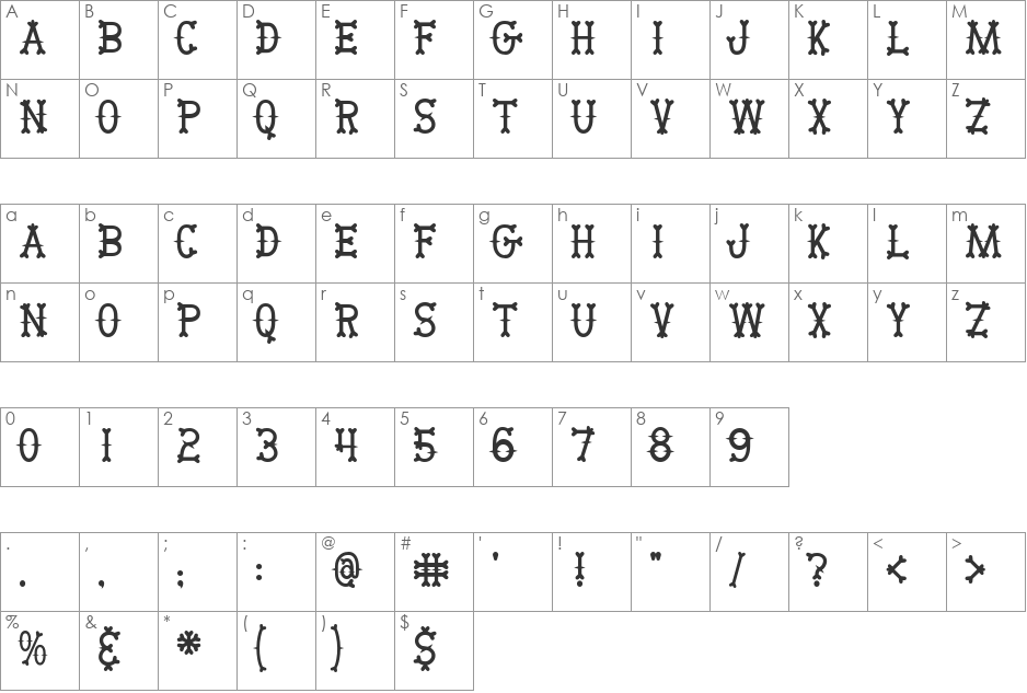 BikerBones font character map preview