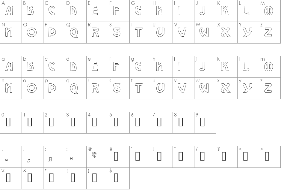 W.J. Pearce hollow font character map preview