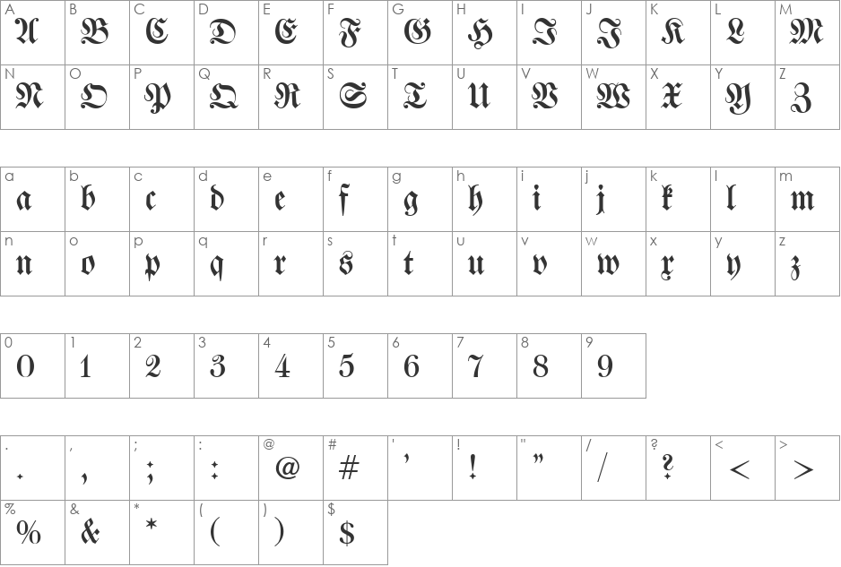 Walbaum-Fraktur UNZ1 font character map preview